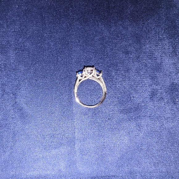 Like New Diamonelle And Diamonelle Sapphire Ring Sterling Silver Rhodium Plated - Picture 5 of 6